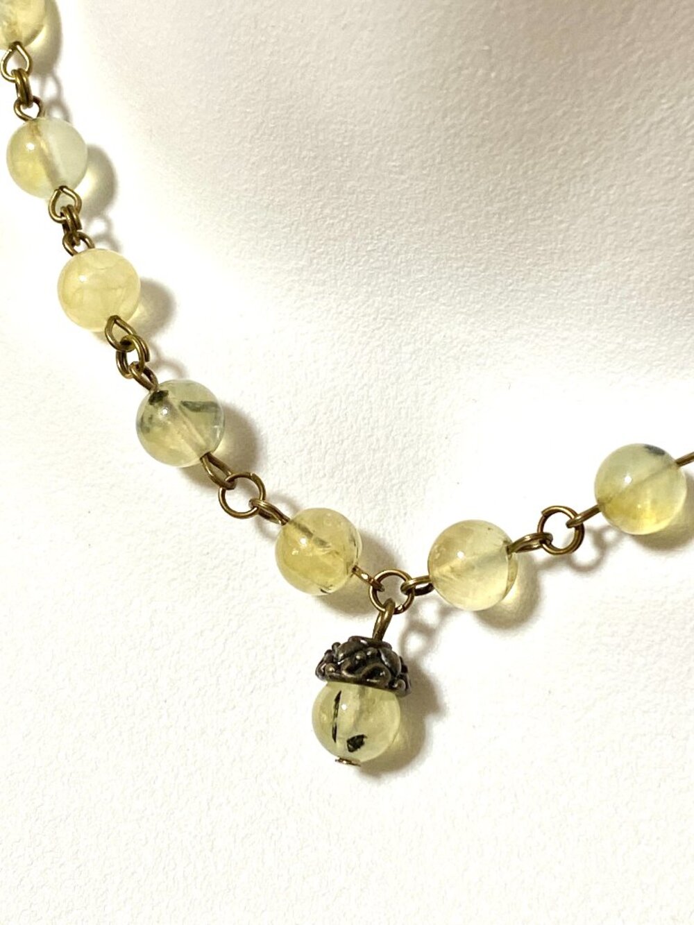 Natural Yellow Green Prehnite Short Necklace, Gemstone & Bronze Acorn Charm